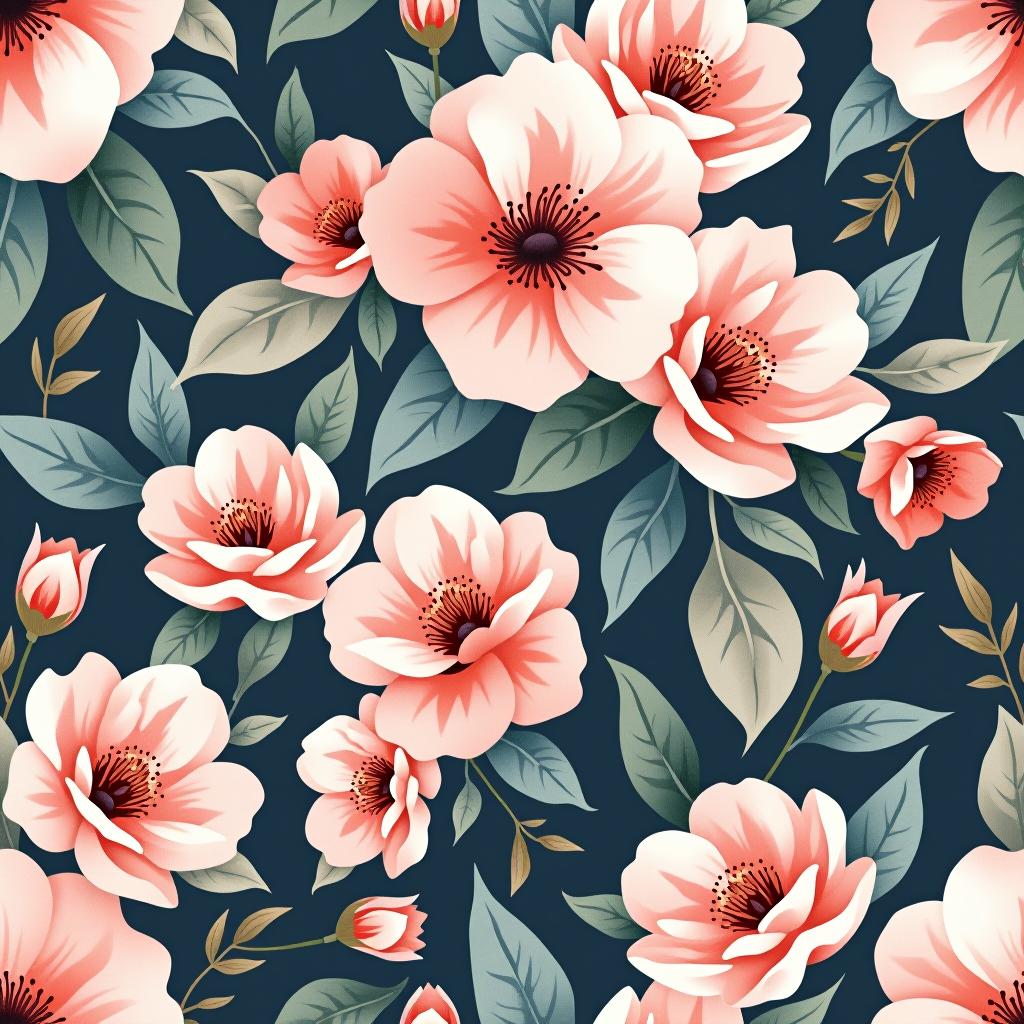  create a seamless digital design featuring a pattern of large, beautiful flowers with soft, watercolor like effects. the flowers should cover the entire surface, creating a bold, elegant, and continuous look. the overall style should be light and airy, with delicate leaves and petals to enhance the natural, floral theme. the design should be seamless to ensure it can be used in repeating patterns or wraps.