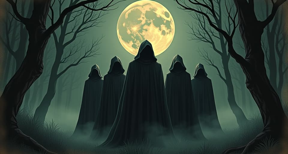  mysterious robed figures, shrouded in darkness, standing shoulder to shoulder, a dark, dense forest around them, moon casting eerie light, unity and vigilance, ethereal mist, shadows and secrets. an illustration in the style of a worn, mystical old tarot trump card, mysterious and elements of surrealism. the colors are muted, somber and eerie, but with contrast bring out an occult and esoteric vibe.