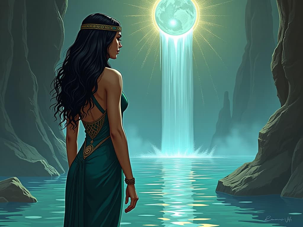  a large busted oracle in a form fitting gown, gazing into a shimmering pool of water, reflections of future events unfolding, aura of guidance and foresight. the style is digital art illustration / modern comic book / mysterious occult, symbolic, esoteric vibe,high detail on character design, incorporating ancient egyptian symbology and attire.