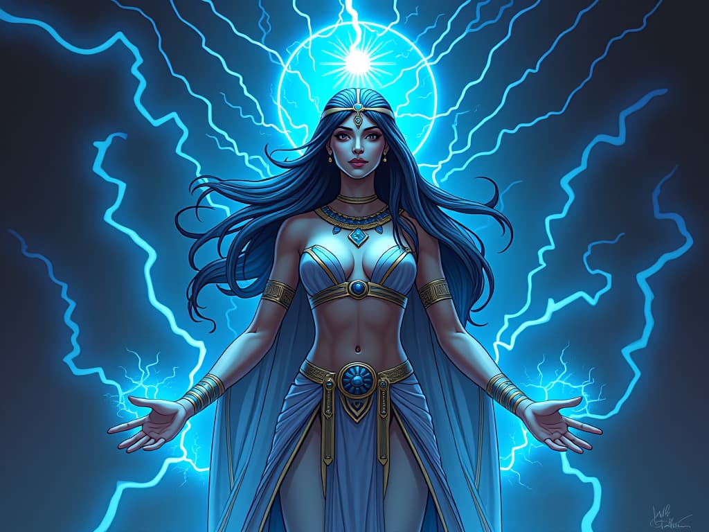  a mystical figure, surrounded by electrical arcs, tuning into the universe's frequency, large busted goddess in glimmering robes, mystical blue glow. the style is digital art illustration / modern comic book / mysterious occult, symbolic, esoteric vibe,high detail on character design, incorporating ancient egyptian symbology and attire.