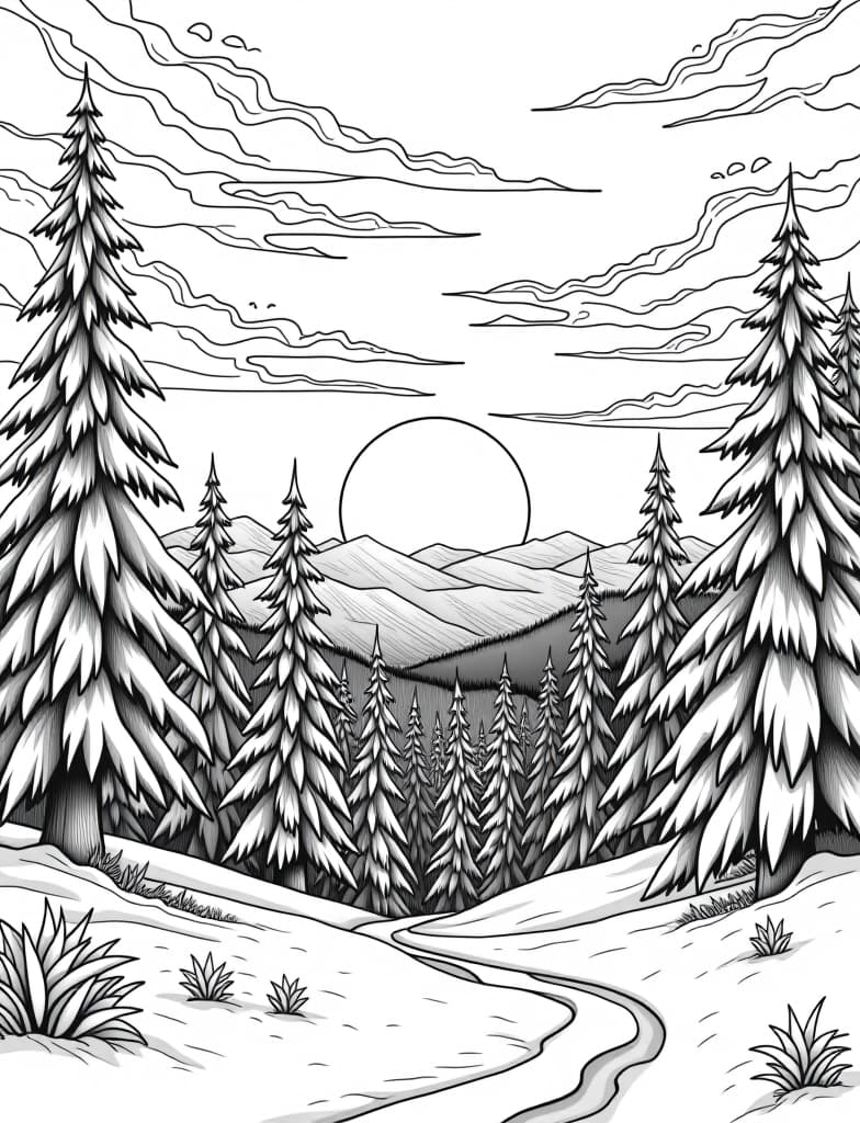  this is for an adult coloring page. a detailed black and white line art of a snowy winter sunset over a snow covered forest on a solid white background.