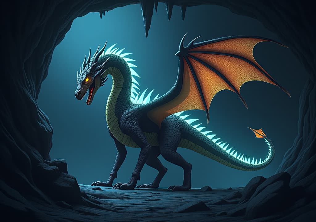  a dragon with bioluminescent scales, lighting up a dark cavern