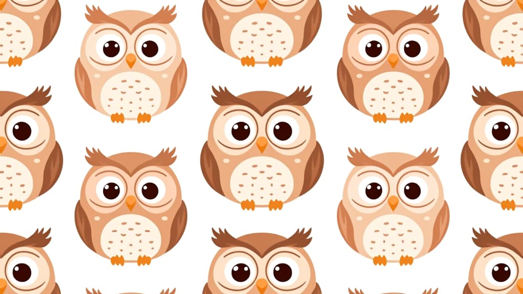  seamless pattern of cute, big eyed, kawaii owls on a white background.