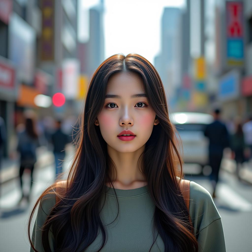  the image captures a young korean woman in her 20s on a city street, taken with an ultra high resolution camera. the clarity of the photo reveals every detail, from the texture of her skin to the individual strands of her hair. the woman has a natural look, with minimal makeup, and her long, straight hair falls neatly around her shoulders. she wears casual, modern clothing, blending seamlessly with the urban background. the street behind her is busy, with a mix of people and vehicles, but the focus remains on her, creating a sharp contrast between her and the slightly blurred city surroundings. the overall mood is vibrant and lively, reflecting the energy of a bustling city street. hyperrealistic, full body, detailed clothing, highly detailed, cinematic lighting, stunningly beautiful, intricate, sharp focus, f/1. 8, 85mm, (centered image composition), (professionally color graded), ((bright soft diffused light)), volumetric fog, trending on instagram, trending on tumblr, HDR 4K, 8K