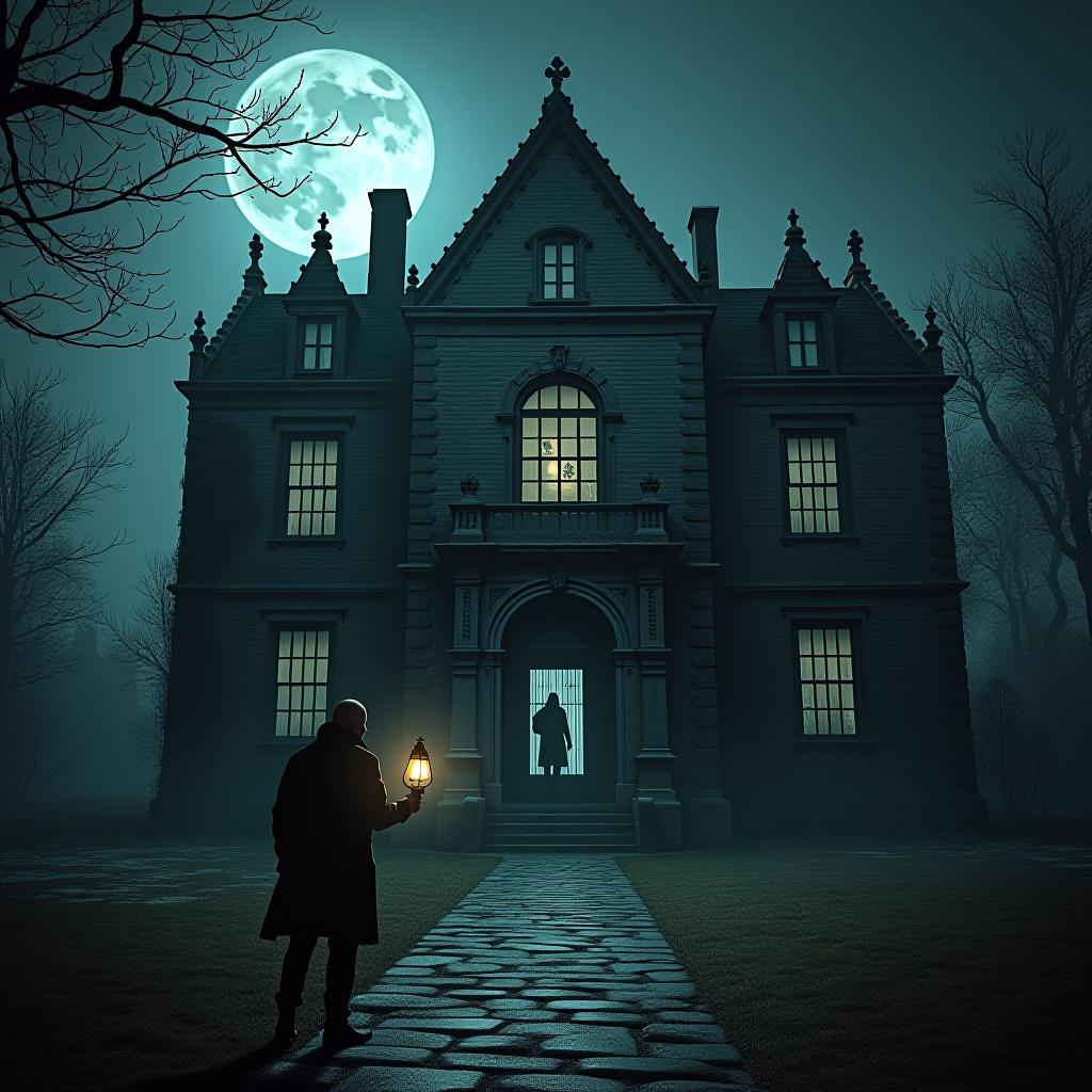  create a high quality, photorealistic image that vividly depicts the following scene: a chilling, gothic era mansion sits predominantly in the eerie moonlight, its ancient stone facade displaying hints of past grandeur, faded long ago. decaying ivy slithers up along its pockmarked walls, heart attack inducing silhouettes loom ominously in broken, haunted windows. a lone adventurer, rugged and heart pounding with fear, approaching the ghastly edifice, his gaze fixed on the heavy, spectral shadow that consumes the doorway. his lantern casts long and nightmarish shadows, unearthing horrifying shapes around every crack and corner. shot in stark detail, full spectrum night vision, sony alpha 1, carl zeiss wide angle lens, f/1.4, iso 6400,  hyperrealistic, full body, detailed clothing, highly detailed, cinematic lighting, stunningly beautiful, intricate, sharp focus, f/1. 8, 85mm, (centered image composition), (professionally color graded), ((bright soft diffused light)), volumetric fog, trending on instagram, trending on tumblr, HDR 4K, 8K