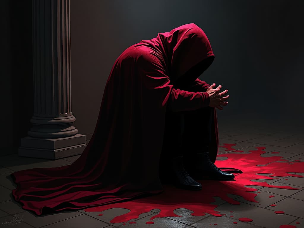  figure in red, bowing head in defeat, dim light casting a long shadow, air of resignation. the style is digital art illustration / modern comic book / graphic dark novel fantasy and mysterious occult, symbolic, moody lighting, esoteric vibe,high detail on character design. for the color scheme emphasize blacks and reds.