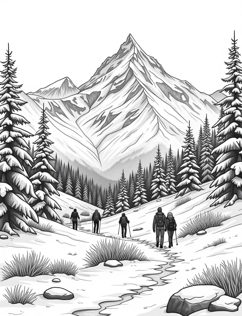  this is for an adult coloring page. a detailed black and white line art of a snowy snow covered valley with a group of hikers walking on a solid white background.