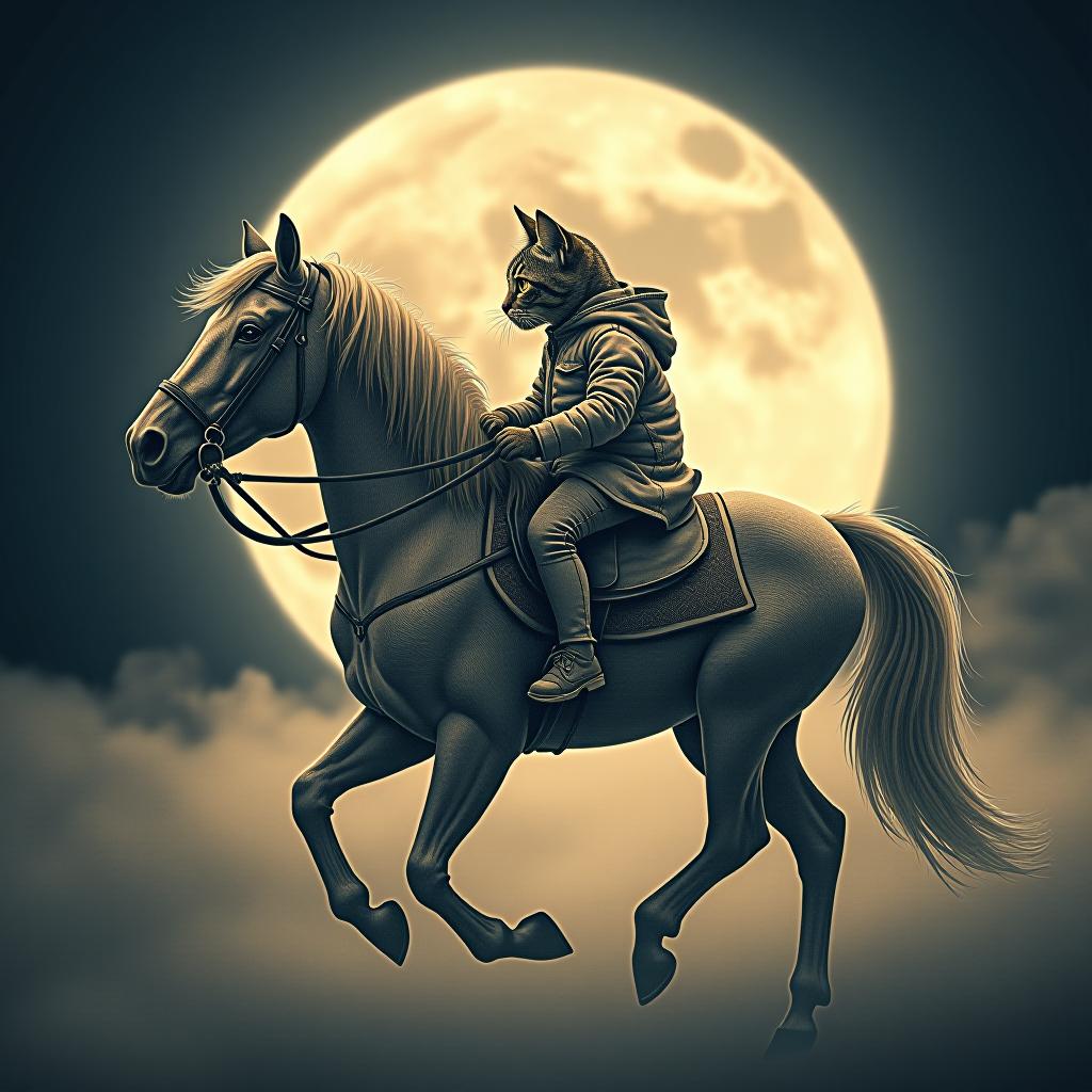  a cat riding a horse, hand drawn, on the moon, studio light, hdr 4k hyperrealistic, full body, detailed clothing, highly detailed, cinematic lighting, stunningly beautiful, intricate, sharp focus, f/1. 8, 85mm, (centered image composition), (professionally color graded), ((bright soft diffused light)), volumetric fog, trending on instagram, trending on tumblr, HDR 4K, 8K