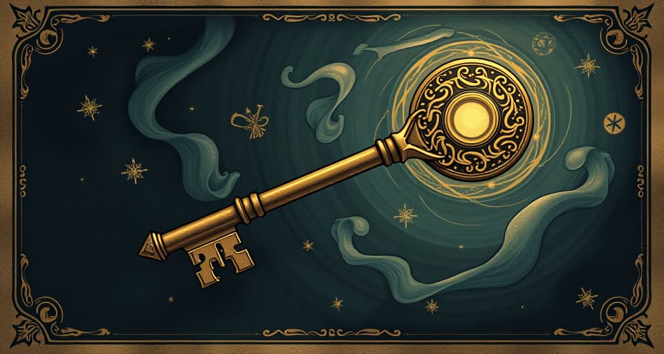  ancient keys floating mid air, surrounded by swirling symbols, keys ornate and glowing, dark background, knowledge, enlightenment. an illustration in the style of a worn, mystical old tarot trump card, mysterious and elements of surrealism. the colors are muted, somber and eerie, but with contrast bring out an occult and esoteric vibe.