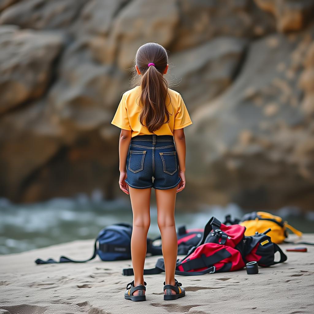  the girl is standing with her back to the camera, in front of a rock, and climbing gear is lying nearby.