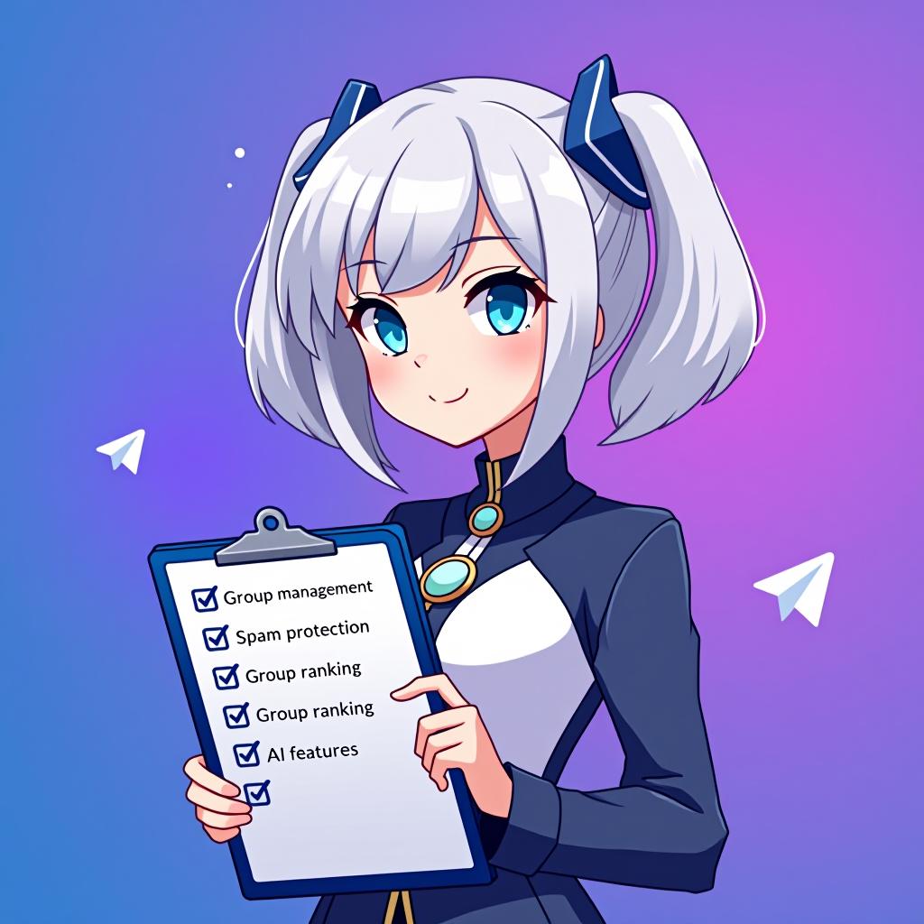  good quality, high quality, a profile picture for a telegram group management bot featuring emilia from re:zero. emilia is depicted with her silver hair and blue eyes, holding a stylized clipboard with a checklist. checklist in "group mangement" "spam protection" "group ranking" "ai features", the background is a soft gradient of telegram logo purple and blue, symbolizing efficiency and organization. the telegram iconic logo is subtly integrated into the background, starting small near emilia and gradually growing in size and brightness as it moves outward, blending smoothly with the gradient color,