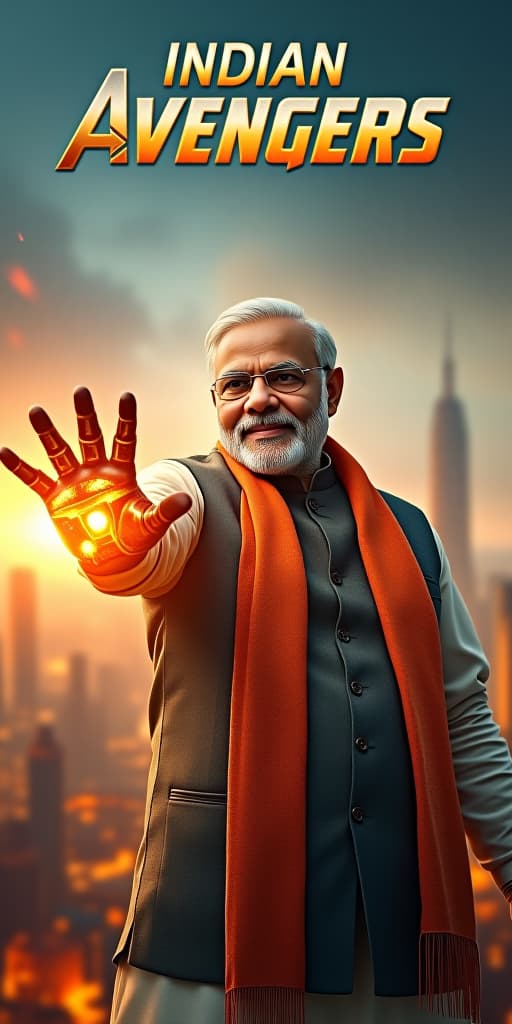  a hyper realistic movie poster titled "indian avengers" featuring narendra modi as a cyborg robot. he launches a powerful hand attack on ultron, his mechanical arm glowing with intense energy. modi’s face, part human and part robotic, is determined as the force of the strike sends shockwaves through the scene. the background shows a futuristic cityscape with indian architecture, with the title "indian avengers" prominently displayed above.