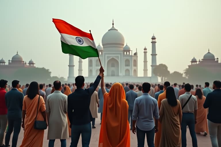  (indipendence day) indian citizen ship, all type of cast people, holding the indan flag, taj mahal,full hd hyperrealistic, full body, detailed clothing, highly detailed, cinematic lighting, stunningly beautiful, intricate, sharp focus, f/1. 8, 85mm, (centered image composition), (professionally color graded), ((bright soft diffused light)), volumetric fog, trending on instagram, trending on tumblr, HDR 4K, 8K