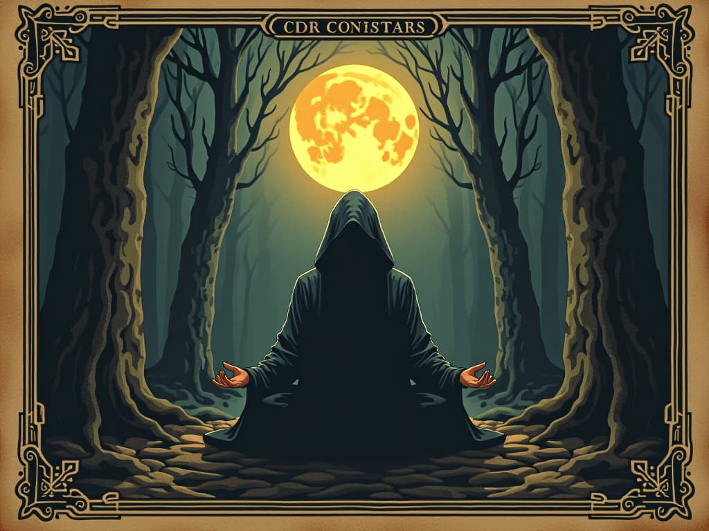  a cloaked individual meditating in a forest, moonlit glow, sacred, serene. an illustration in the style of a worn, mystical old tarot trump card, mysterious and elements of surrealism. the colors are muted, somber and eerie, but with contrast bring out an occult and esoteric vibe.