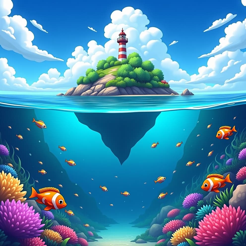  a vibrant anime style depiction of a solitary island, with a majestic lighthouse standing tall on its peak. below the surface of the crystal clear water, a dazzling underwater world unfolds, teeming with colorful fish darting amidst vibrant corals and lush seaweed. capture the whimsical charm of anime, with soft, flowing lines and a focus on dynamic movement and captivating detail.hyper detail, intricate details, sharp focus, high resolution, 8k, ultra detailed, vib