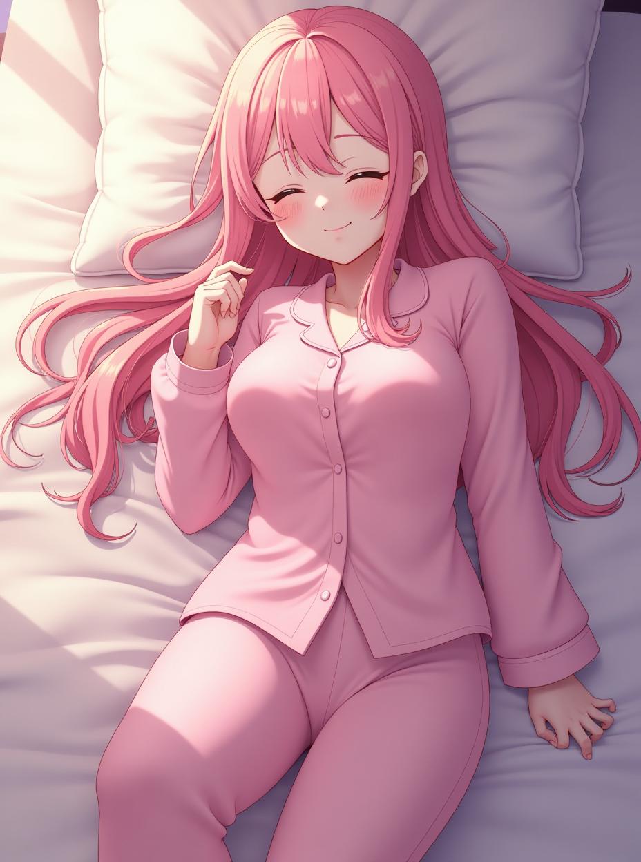  anime, long pink hair, closed eyes, old, girl, pink pyjamas, laying on bed, sleeping, full body, ribbon , gigantic s, hypers, age, atb, full body, high quality, high details, hd, perfect composition, 4k epic detailed, highly detailed, sharp focus, high resolution