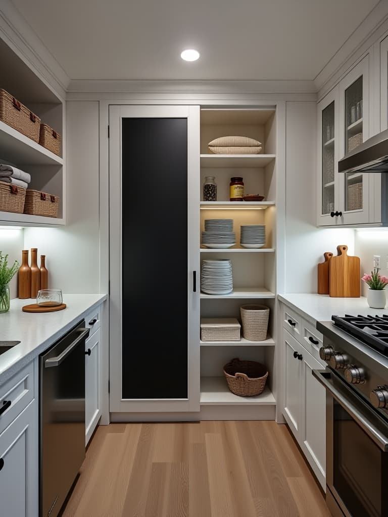  high quality portrait photo of a modern kitchen with a custom designed pantry wall, featuring adjustable shelving, pull out baskets, and a chalkboard sliding door for meal planning, all in a monochromatic color scheme with accent lighting hyperrealistic, full body, detailed clothing, highly detailed, cinematic lighting, stunningly beautiful, intricate, sharp focus, f/1. 8, 85mm, (centered image composition), (professionally color graded), ((bright soft diffused light)), volumetric fog, trending on instagram, trending on tumblr, HDR 4K, 8K