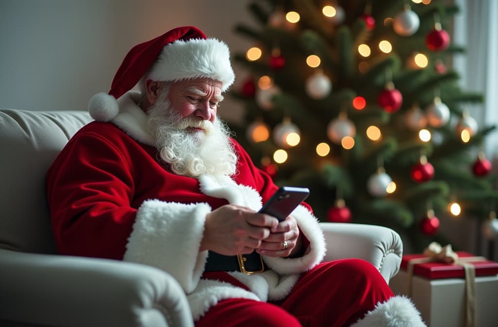  santa claus sits on a light gray sofa, bright room, looks at the phone, blurred background christmas tree with toys, a bag with gifts lies on the sofa ar 3:2, (natural skin texture), highly detailed face, depth of field, hyperrealism, soft light, muted colors