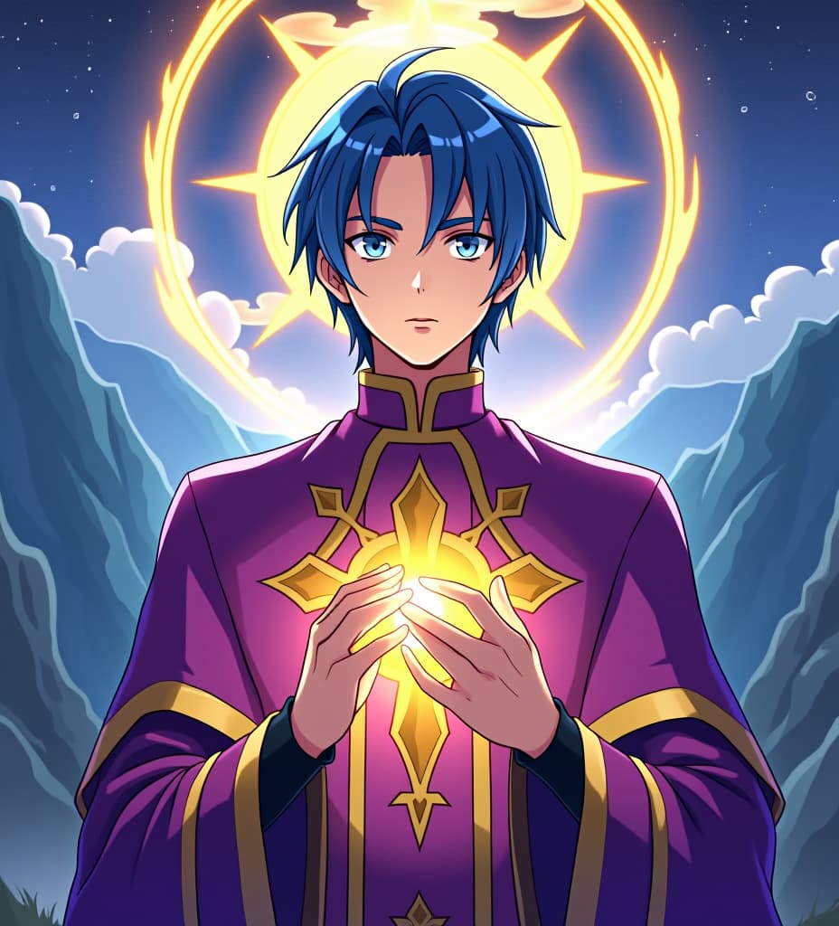  anime, anime sytle, anime image, cartoon, real cartoon, real anime, a captivating anime style cover tittled with the text “the sole paragon” by noan knight. the central figure is a handsome young priest with blue hair and blue eyes, wearing a stunning purple and golden priestly robe. he gazes intensely at the viewer, his hands illuminated by a golden halo of light. the background is an otherworldly, ethereal landscape reminiscent of a manhwa or anime poster.