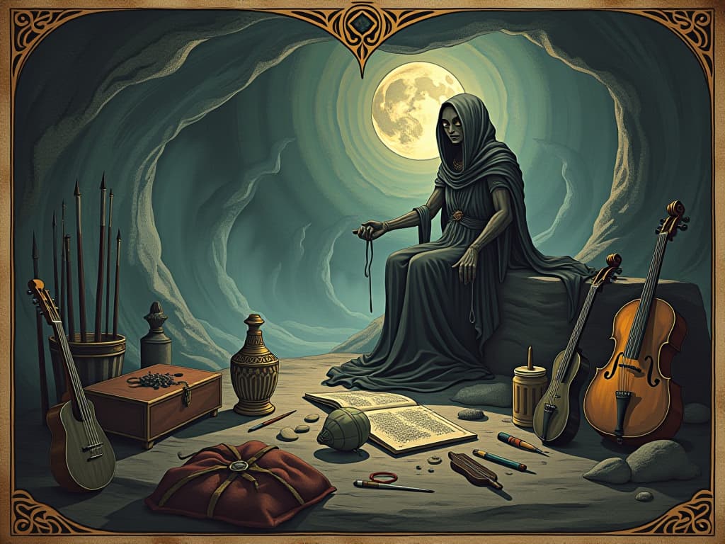  ethereal landscape of artistic expression, surrounded by musical instruments and painting tools, flowing energy, spiritual evolution, transformative atmosphere. an illustration in the style of a worn, mystical old tarot trump card, mysterious and elements of surrealism. the colors are muted, somber and eerie, but with contrast bring out an occult and esoteric vibe.