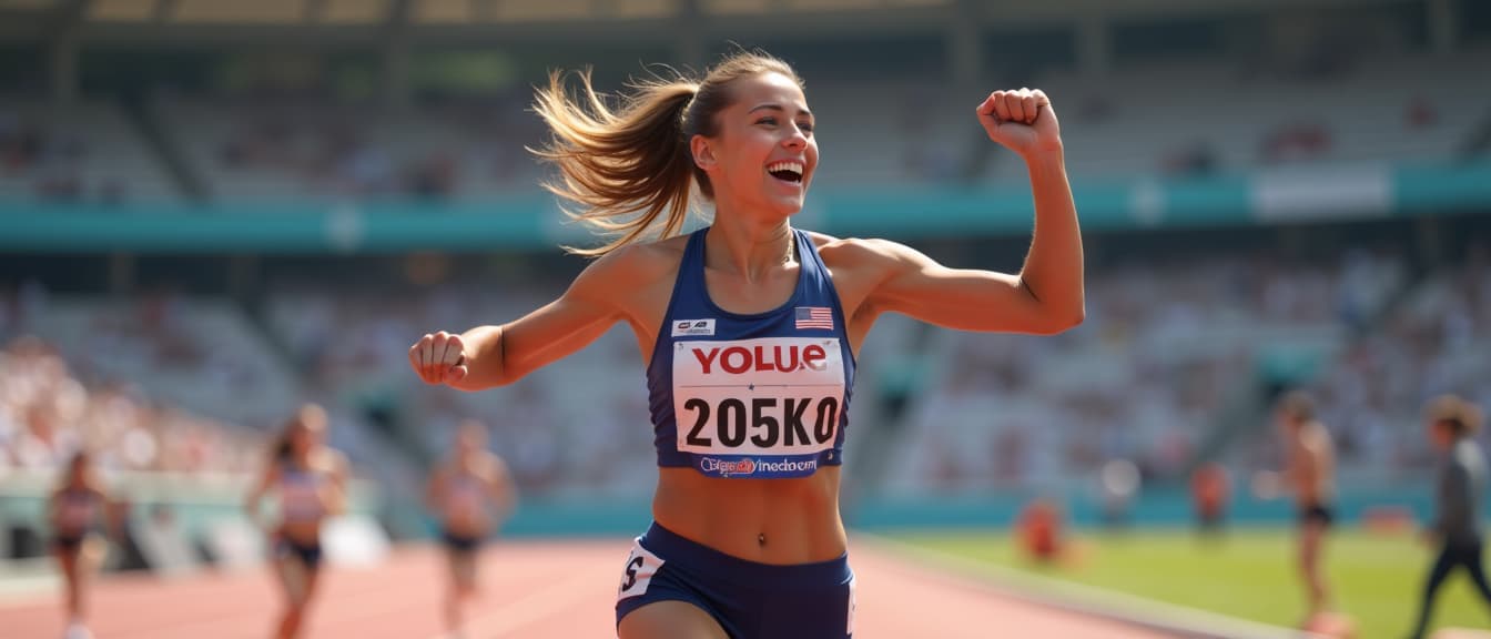  a female track and field athlete celebrating winning a sprint race at a sports event, high quality, high details, hd, perfect composition, 4k epic detailed, highly detailed, sharp focus, high resolution