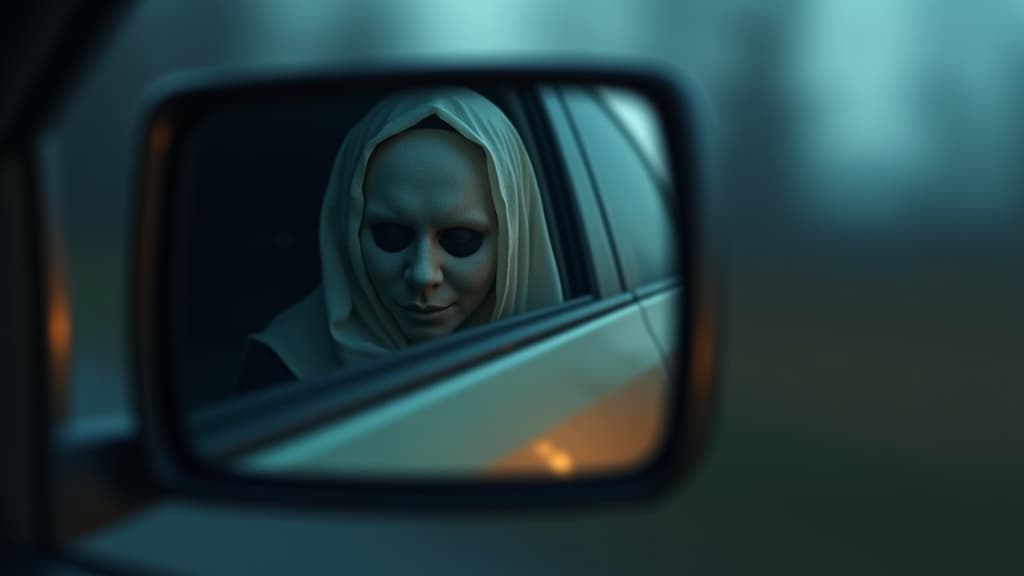  images about horror stories, the reflection of a ghostly face in the side mirror of a truck. hyperrealistic, full body, detailed clothing, highly detailed, cinematic lighting, stunningly beautiful, intricate, sharp focus, f/1. 8, 85mm, (centered image composition), (professionally color graded), ((bright soft diffused light)), volumetric fog, trending on instagram, trending on tumblr, HDR 4K, 8K