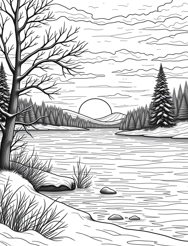  this is for an adult coloring page. a detailed black and white line art of a snowy winter sunset over a frozen lake on a solid white background.