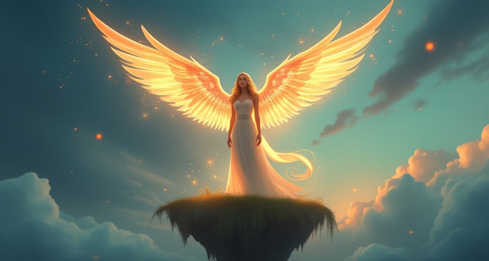  ethereal angel with glowing floral wings, standing on a floating island. her presence radiating divine connection, magical sparks in the air, atmosphere of expansive influence and wonder.. the style is digital art illustration,highly detailed, whimsical,magical, dreamlike atmosphere, realism and fantasy blend, smooth, glossy textures,luminous quality, wonder and enchantment.