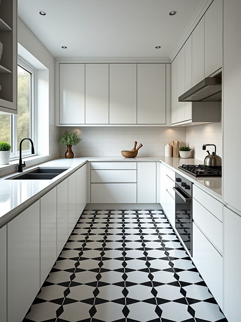  high quality portrait photo of a sleek, modern kitchen with glossy white cabinets and striking black and white patterned tile flooring, viewed from above to showcase the geometric design hyperrealistic, full body, detailed clothing, highly detailed, cinematic lighting, stunningly beautiful, intricate, sharp focus, f/1. 8, 85mm, (centered image composition), (professionally color graded), ((bright soft diffused light)), volumetric fog, trending on instagram, trending on tumblr, HDR 4K, 8K