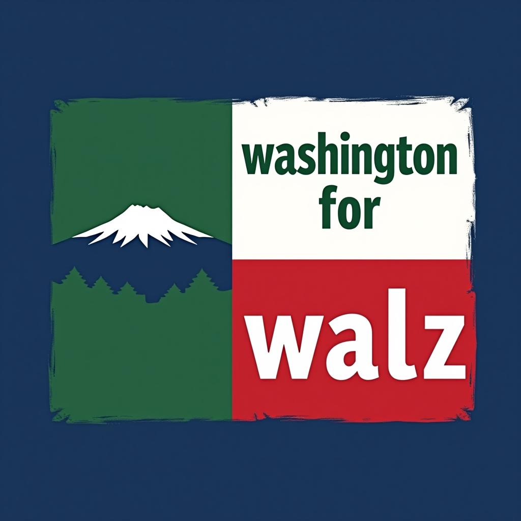  a tshirt design inspired by the washington state flag. the left side features a green vertical stripe with a large mountain in the center. the right side is divided into two horizontal sections: the top section is white with the text 'washington for' in bold, green, uppercase letters, and the bottom section is red with the text 'harris walz' in bold, white, uppercase letters. the overall layout is clean and straightforward, with a clear and patriotic color scheme of blue, white, and red.