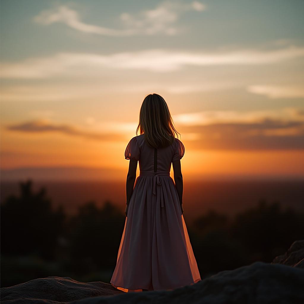  a blonde girl is standing against the sunset in a long dress, facing away from the camera.