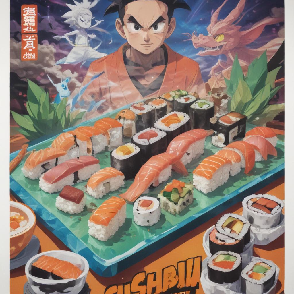 distance-shot, flashy, full-body, dynamic, holographic, animated cartoon poster of sushi scene in the style of dragon ball super