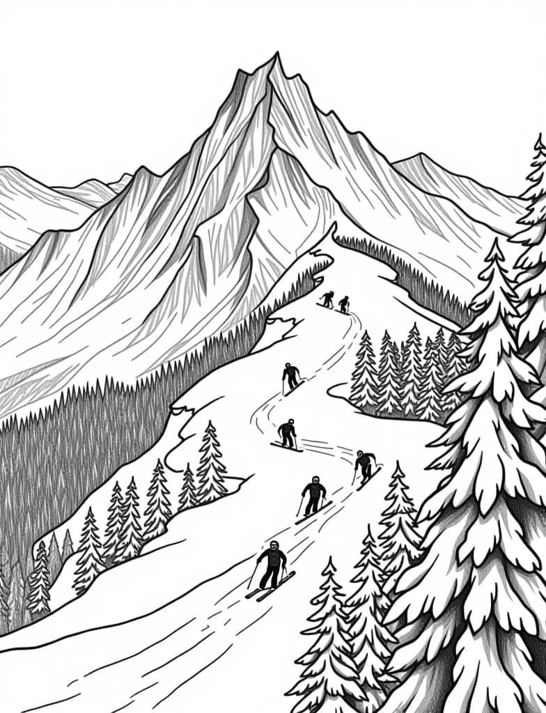  this is for an adult coloring page. a detailed black and white line art of a snowy snow covered mountain with a group of skiers descending on a solid white background.