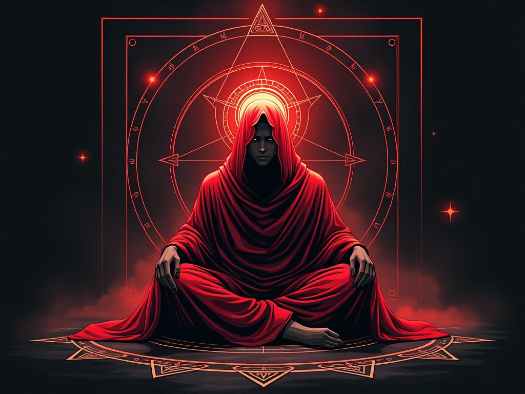  figure in red robes, sitting on the ground, surrounded by sacred geometric symbols, sense of emerging awareness and principles, mystical glow. the style is digital art illustration / modern comic book / graphic dark novel fantasy and mysterious occult, symbolic, moody lighting, esoteric vibe,high detail on character design. for the color scheme emphasize blacks and reds.