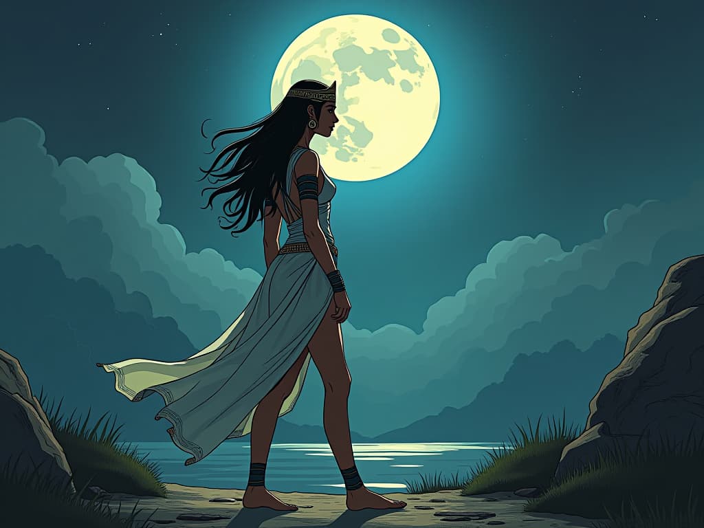  woman in sheer, ancient egyptian attire, walking under the full moon, surrounded by natural beauty, serene and reflective mood. the style is digital art illustration / modern comic book / mysterious occult, symbolic, esoteric vibe,high detail on character design, incorporating ancient egyptian symbology and attire.