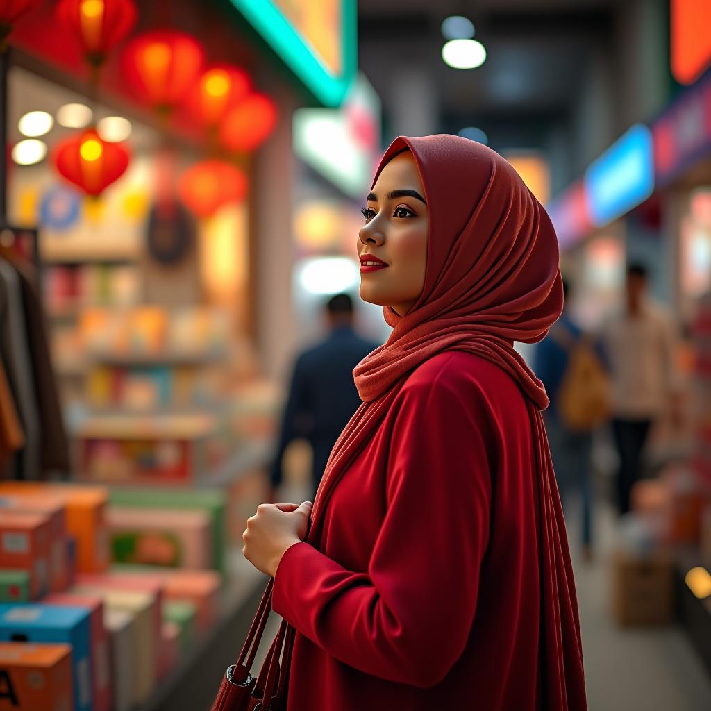  a muslim woman in red is shopping in guangzhou.