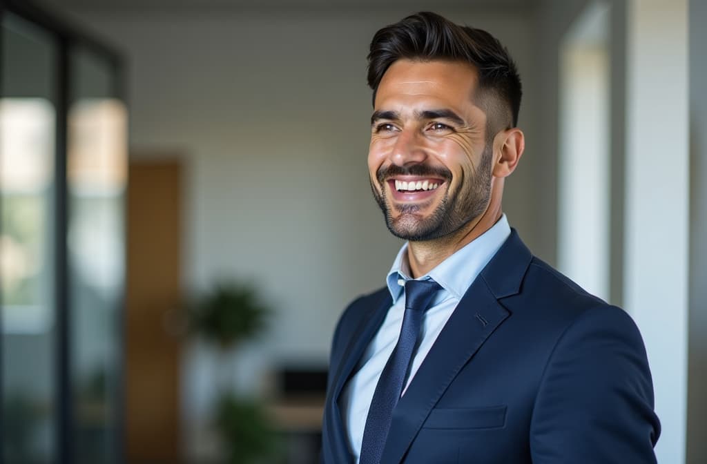  smiling young business man standing looking away in office. happy latin businessman, male entrepreneur, professional manager or company employee worker close up portrait. copy space ar 3:2 {prompt}, maximum details