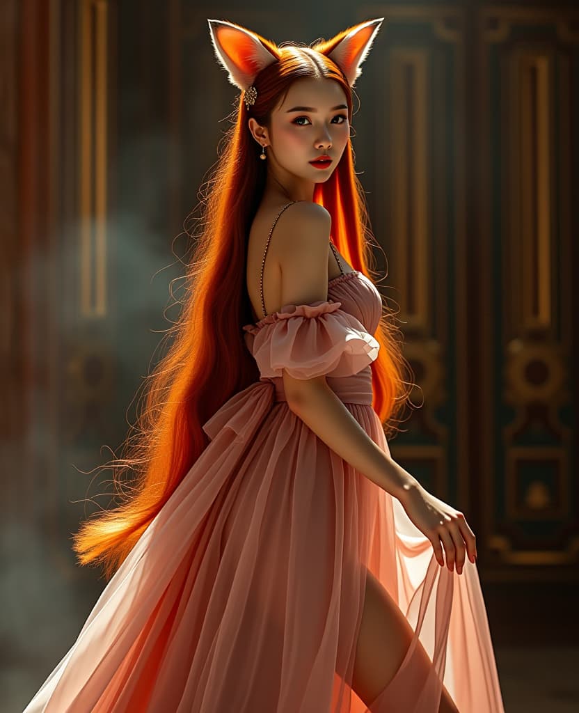  renaissance style gloss dress, full body, korean in a dress, dance go go, i dress, in the frame into the body , slender legs , scarlet long hair, fox ears, beautiful eyes, perfect skin, bare , fashion editorial style, high fashion, trendy, stylish, editorial, magazine style, professional, highly detailed extreme detailed, 8k masterpiece, hyperrealisme, . realistic, perspective, light and shadow, religious or mythological themes, highly detailed hyperrealistic, full body, detailed clothing, highly detailed, cinematic lighting, stunningly beautiful, intricate, sharp focus, f/1. 8, 85mm, (centered image composition), (professionally color graded), ((bright soft diffused light)), volumetric fog, trending on instagram, trending on tumblr, HDR 4K, 8K