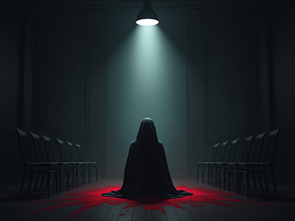  individual alone in a dimly lit room, with one spotlight on them, expression of sorrow, empty chairs emphasizing solitude, overall mood of confronting reality.. the style is dark fantasy and mysterious occult, symbolic, moody lighting, esoteric vibe,high detail on character design. for the color scheme emphasize blacks and reds.