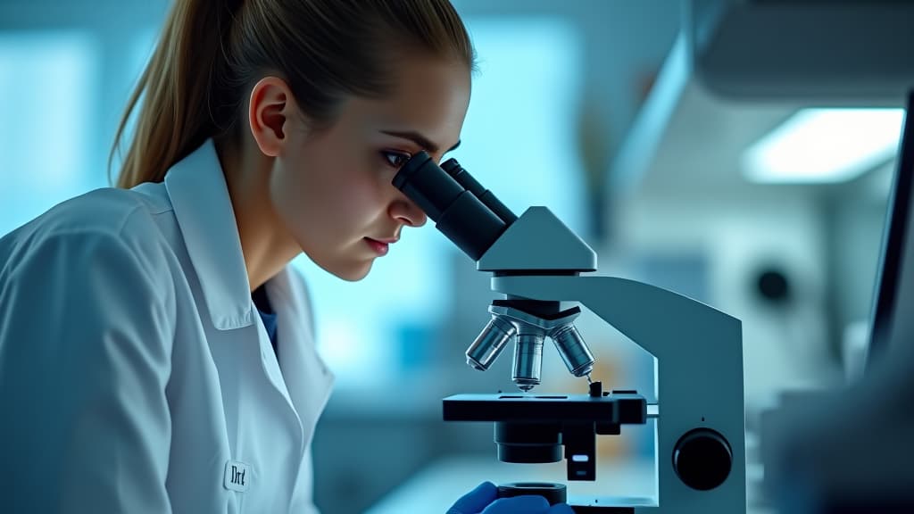  female scientist examining sample under microscope