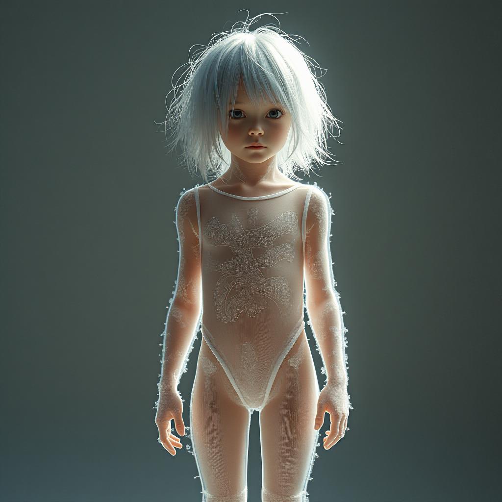  back lit, edge lit photography of a with silvery white bleached short oily messy unkempt frizzy hair, and large very very very heavy natural teardrop s, transparent body suit, translucent flesh, tiny white hairs interlinked cells interlinked , full body view you can see legs and feet, looking in camera, girl is ,, high quality, high details, hd, perfect composition, 4k epic detailed, highly detailed, sharp focus, high resolution