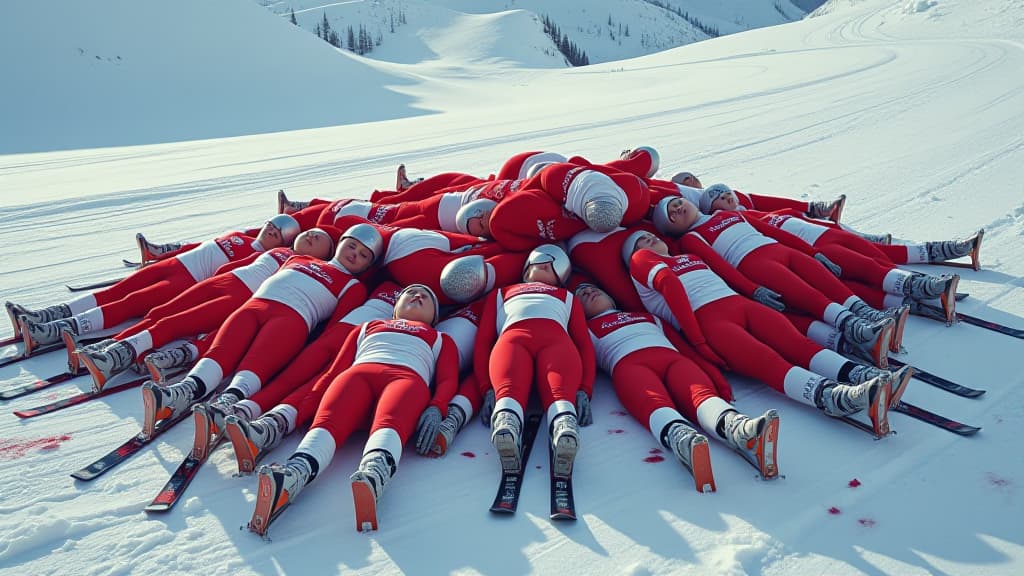  a pileup of skiier girls wearing tight skiing outfits after they all stumbled over eachother. all of them are unconsciouss and have their eyes closed. its on the slope of a snowy mountain. theres blood spots all around and a few dead skiiers laying around the pile. they are all wearing long white socks and no shoes and there are at least 200 people in the pileup. its in first person perspective of one of the skiers. all of the skiers are on the floor in very unnatural positions. some of them have legs bending the wrong way or their spine is folded double.