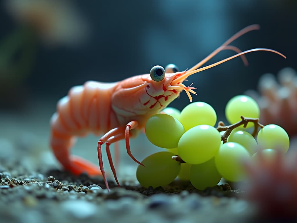  a colorless shrimp on the seabed smiles happily while eating big green grapes. cartoon style. colorful. fantastic. firooze hyperrealistic, full body, detailed clothing, highly detailed, cinematic lighting, stunningly beautiful, intricate, sharp focus, f/1. 8, 85mm, (centered image composition), (professionally color graded), ((bright soft diffused light)), volumetric fog, trending on instagram, trending on tumblr, HDR 4K, 8K