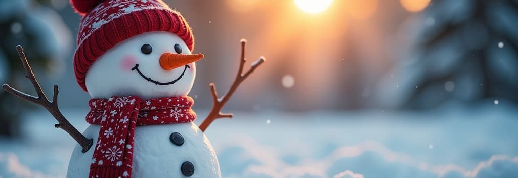  winter holiday christmas background banner closeup of cute funny laughing snowman with wool hat and scarf, on snowy snow snowscape with bokeh lights, illuminated by the sun ar 3:1 {prompt}, maximum details