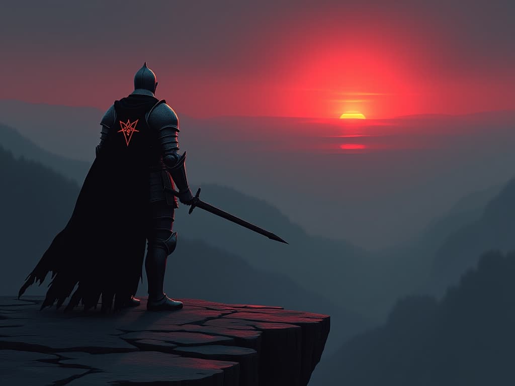  a knight in reflective armor, standing at the edge of a cliff, dawn breaking in the distance, symbols of courage and determination etched into the armor, a new journey ahead.. the style is dark fantasy and mysterious occult, symbolic, moody lighting, esoteric vibe,high detail on character design. for the color scheme emphasize blacks and reds.