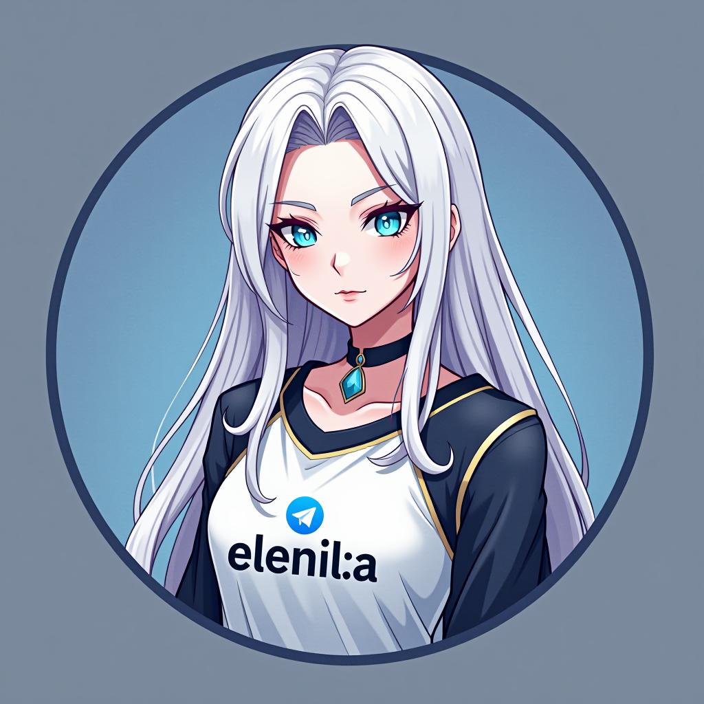  create an image of a character inspired by emilia from re:zero, featuring long white hair and an elegant appearance. the character should be wearing a shirt with the telegram logo, embodying peace and serenity. the design should be background, and include the name 'emilia' in a stylish font