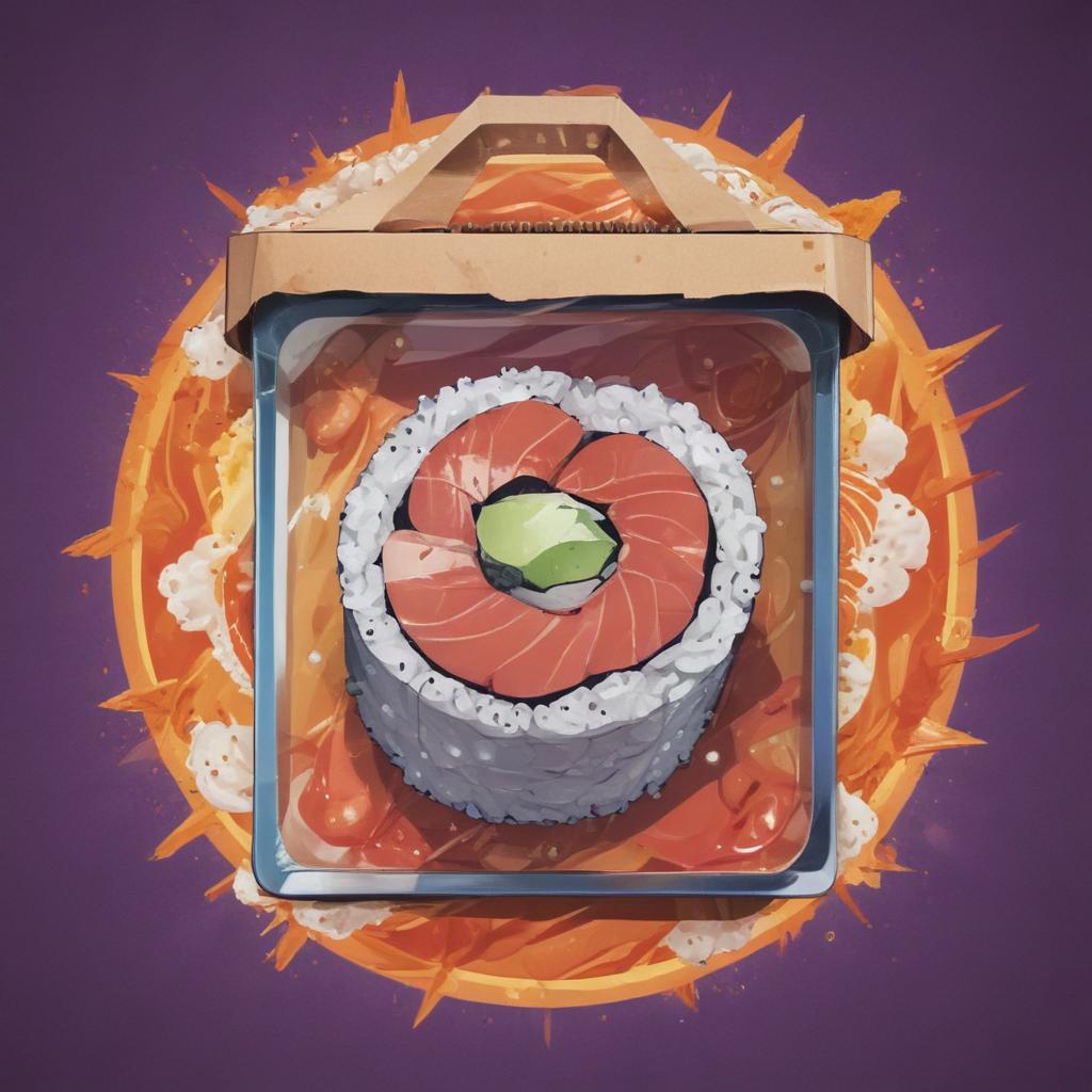 distance-shot, flashy, full-body, dynamic, holographic, animated cartoon poster of a take-out box of sushi in the style of dragon ball super