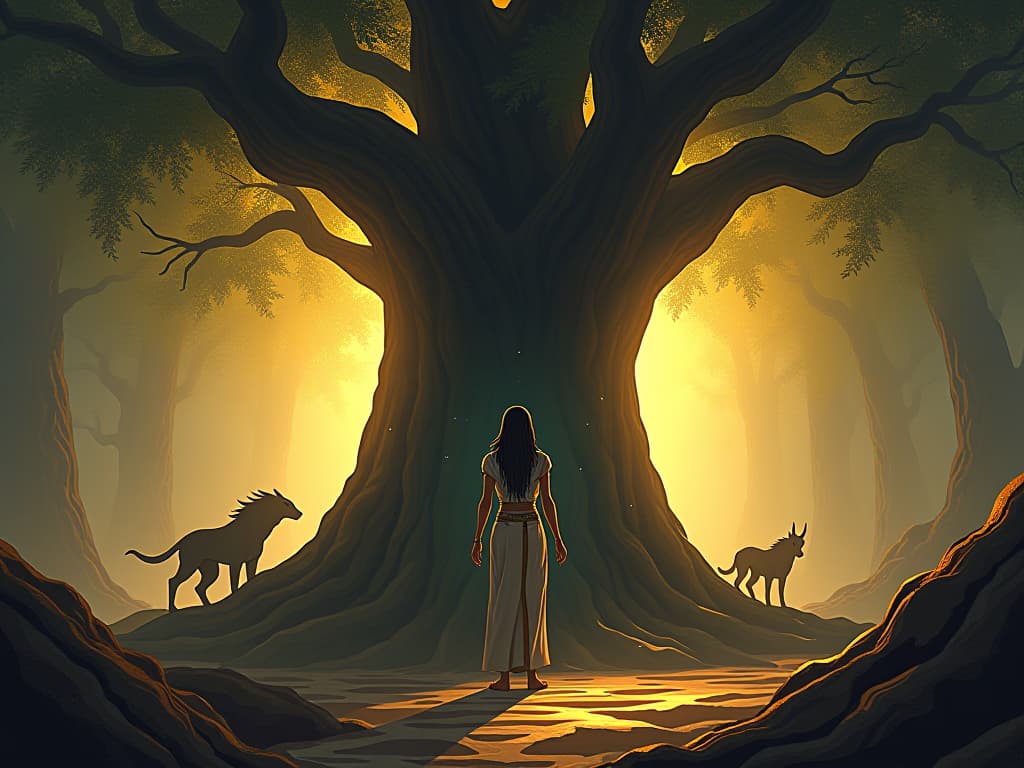  a large tree in an ancient forest, golden sunlight filtering through, mystical creatures in the background, serene and ethereal atmosphere. the style is digital art illustration / modern comic book / mysterious occult, symbolic, esoteric vibe,high detail on character design, incorporating ancient egyptian symbology and attire.