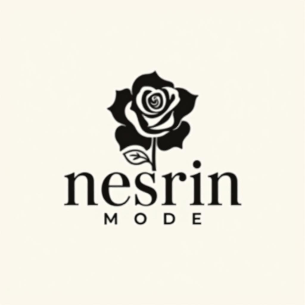  design a logo, erstelle mir ein logo für ein kleider laden elegant schwarz und weiss mit dem namen und eine rose über das bild , with the text 'nesrin mode '.