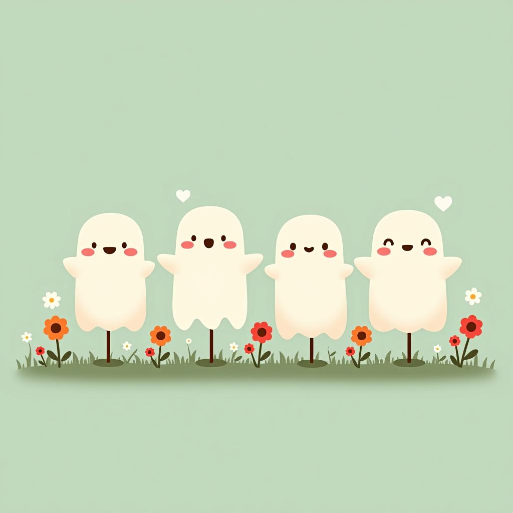  create a digital illustration featuring a row of four or five cute, cartoonish ghost characters, each with a different appearance, standing in different positions within sparse, life like wildflowers.